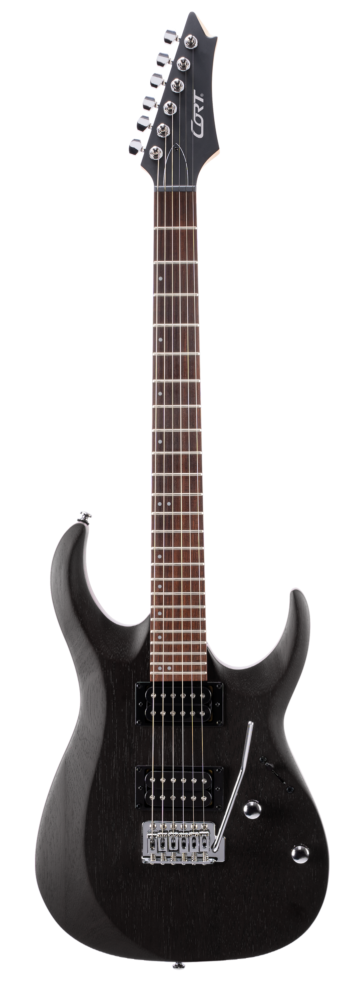 Glossy black electric guitar with two humbucker pickups, 24 frets, a tremolo bridge, and chrome control knobs. Brand name “Cort” on headstock.