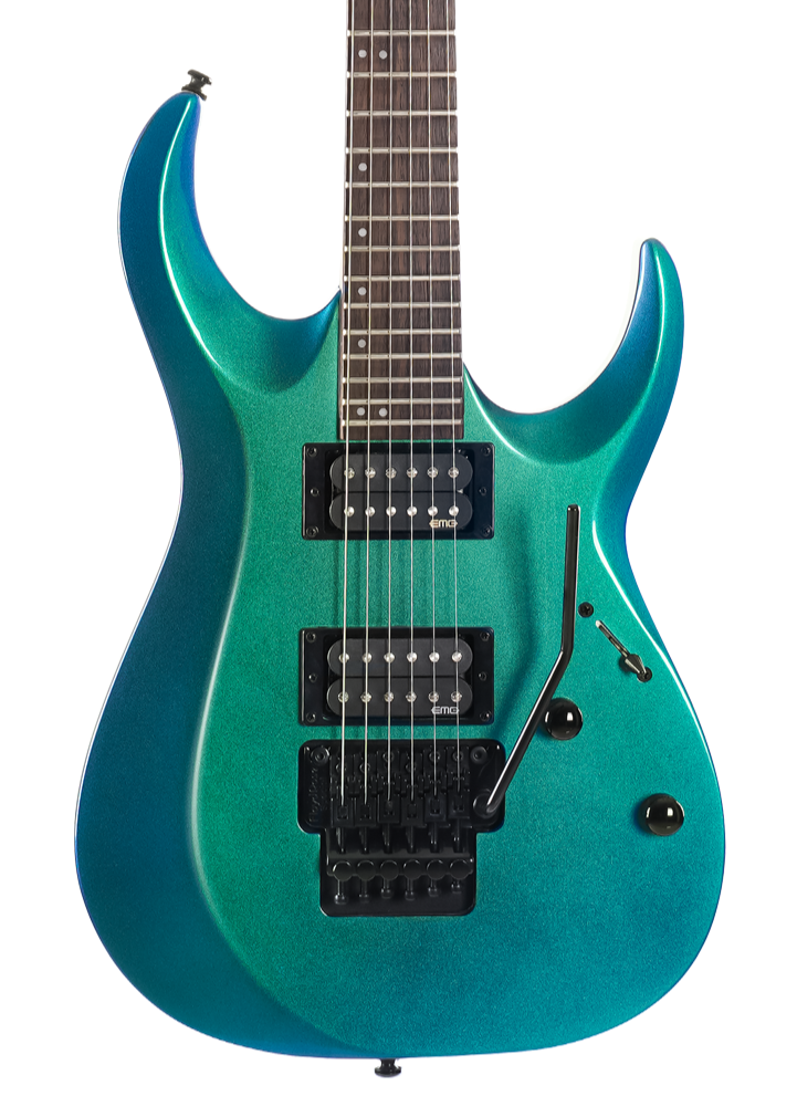 Bright teal electric guitar with double cutaway body, two black humbucker pickups, a tremolo bridge, black knobs, and a rosewood fretboard.