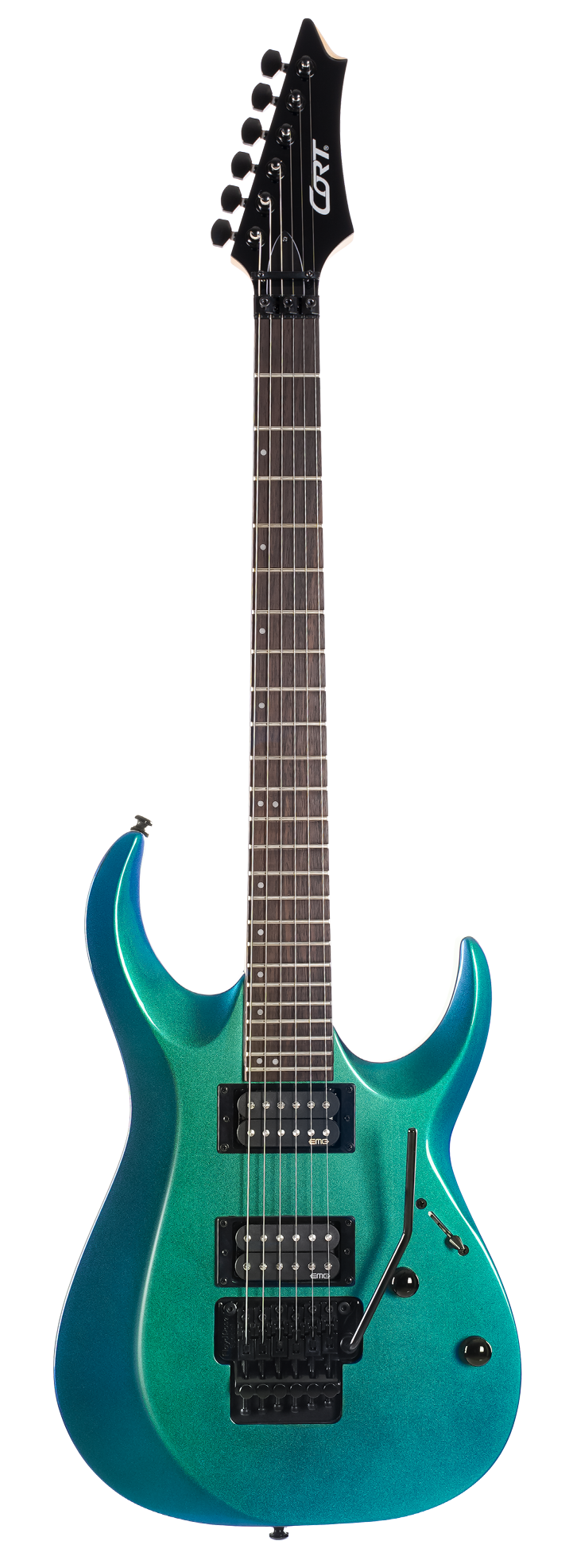 Glossy blue-green electric guitar with sharp double-cutaway body, two humbucker pickups, locking tremolo bridge, and six black tuning pegs.