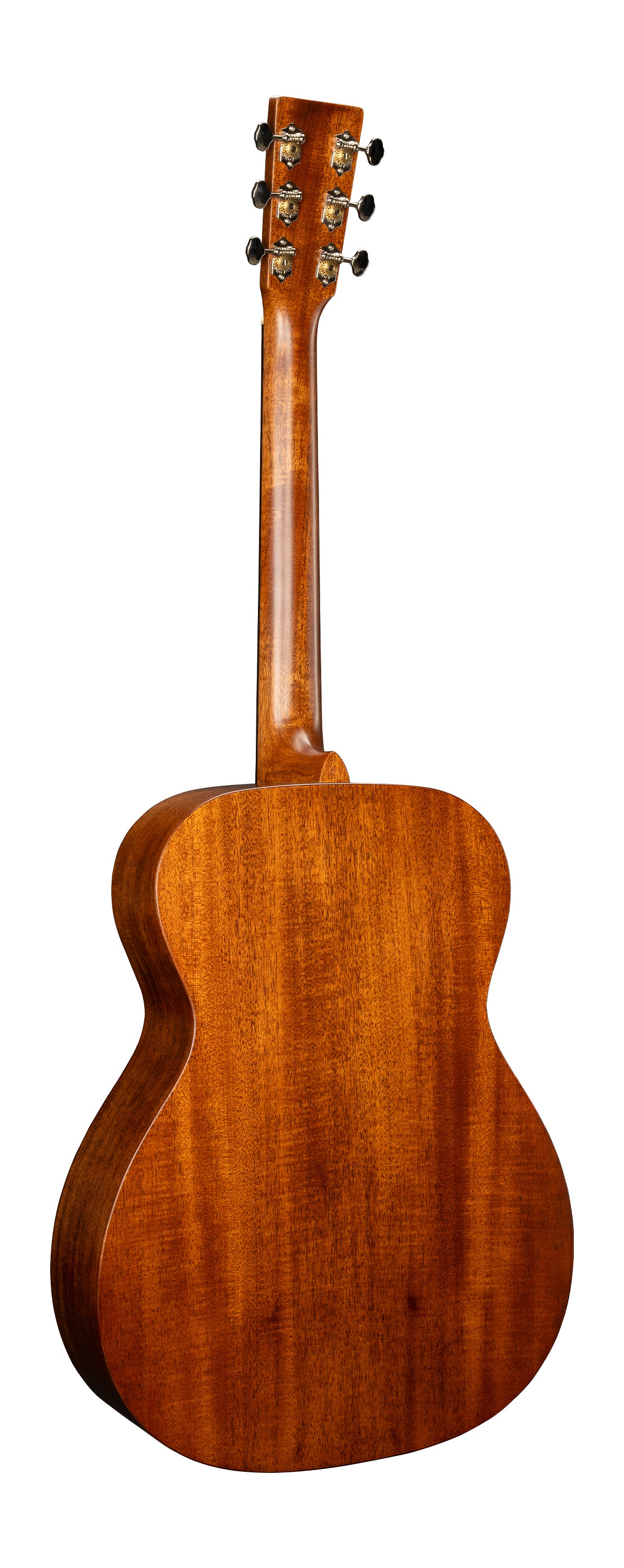 The back view shows a wooden acoustic guitar with a smooth, rich brown finish and six metal tuning pegs on the headstock.