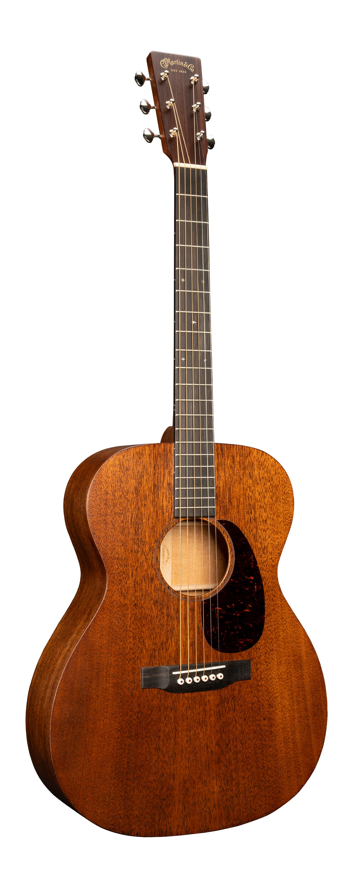 All-mahogany acoustic guitar with a dark, natural wood finish, round body shape, six strings, and a tortoiseshell-style pickguard.