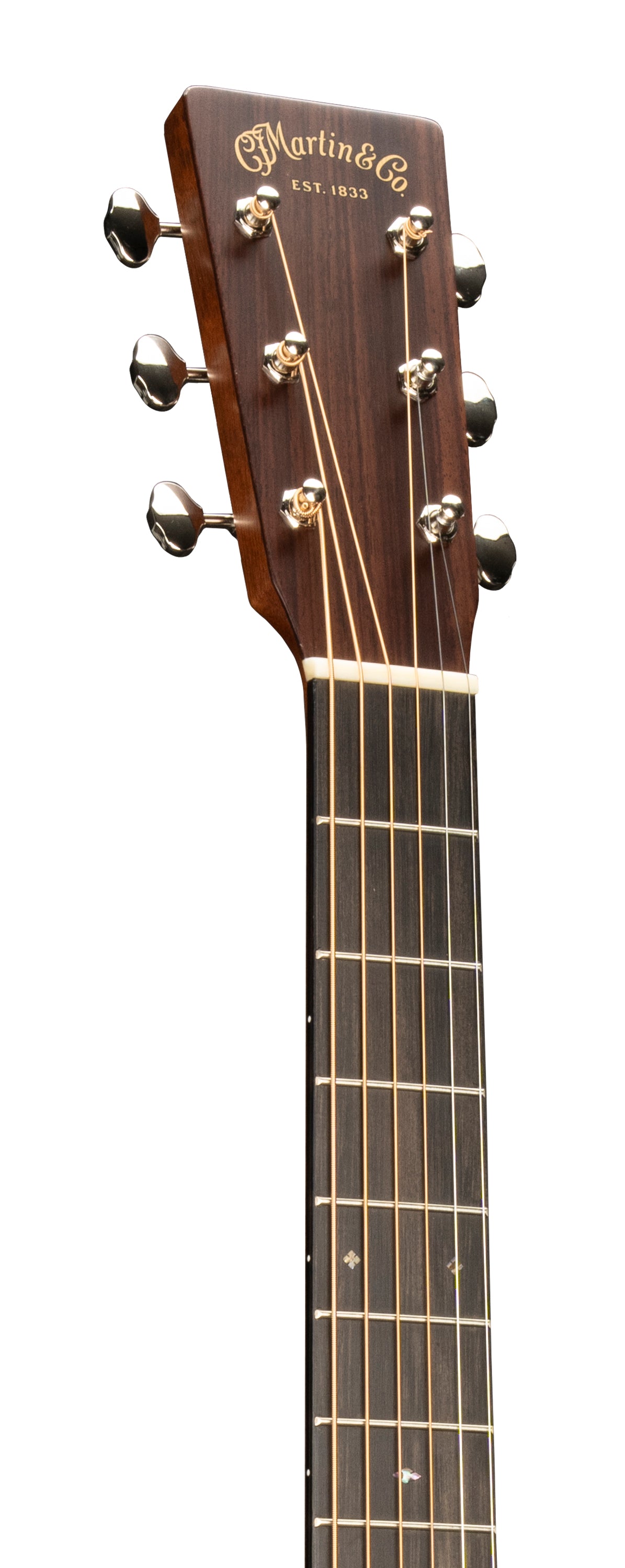 Close-up of a Martin & Co. acoustic guitar headstock and upper neck with six tuning pegs, gold logo, and metal strings over dark wood.