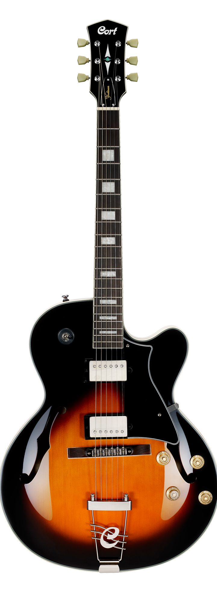 Sunburst-finish electric guitar with a single cutaway, two pickups, four gold control knobs, and a black pickguard. Brand name “Cort” on the headstock.