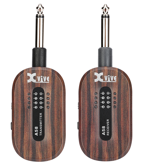 Two Xvive wireless transmitters with a woodgrain finish, labeled A58 Transmitter and A58 Receiver, each with indicator lights and a 1/4-inch plug.
