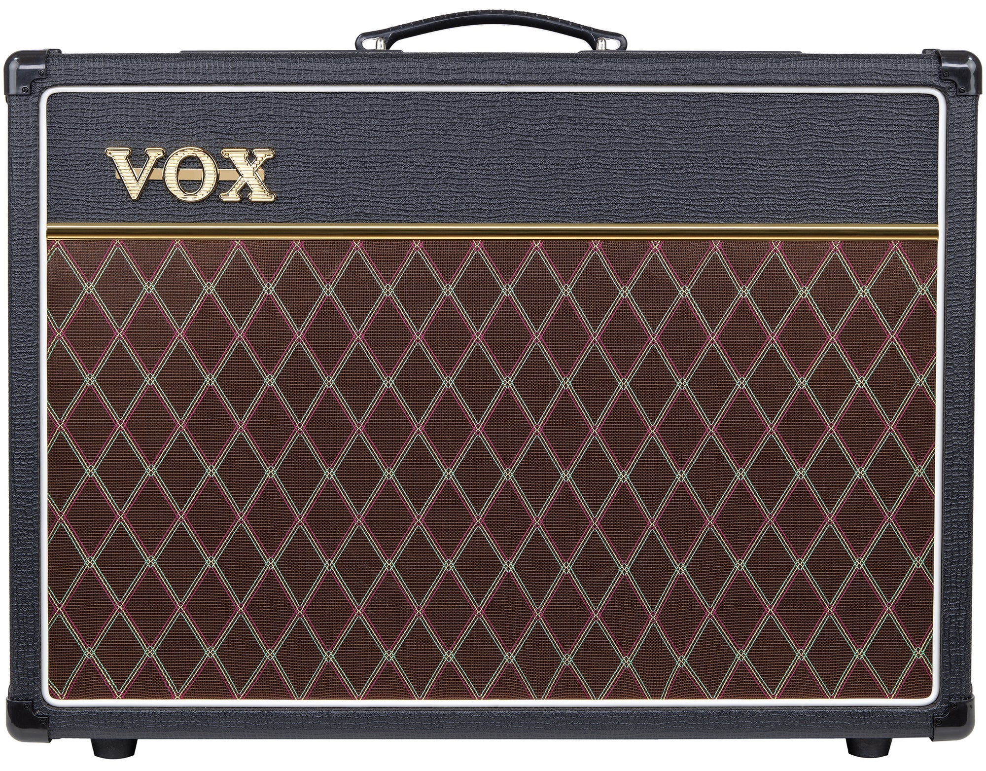 Amplificateur Vox rectangulaire noir avec poignée sur le dessus, façade en tissu marron à motif losange doré, logo Vox doré en haut à gauche.