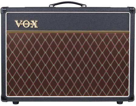 Black VOX amplifier with a diamond-patterned brown speaker grille, gold trim, and a black handle on top.