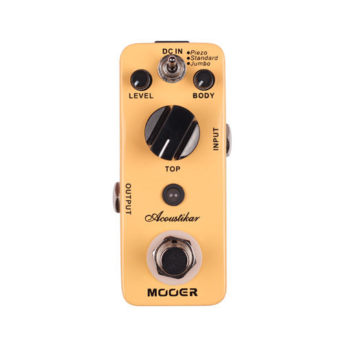 Yellow Mooer Acoustikar effects pedal with level, body, and top knobs, a footswitch, toggle switch for mode, input and output jacks.