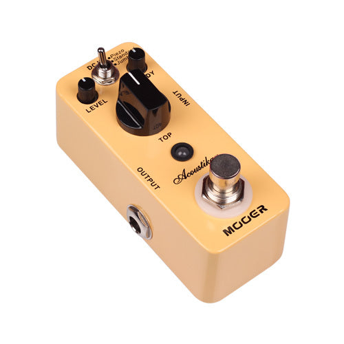 Compact yellow Mooer effects pedal with a large black knob, metal footswitch, toggle switch, and input and output jacks on opposite sides.