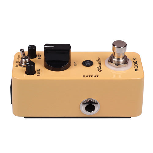 Compact yellow Mooer effects pedal with a large black knob, two small knobs, a metal footswitch, and input/output jacks on the side and front.