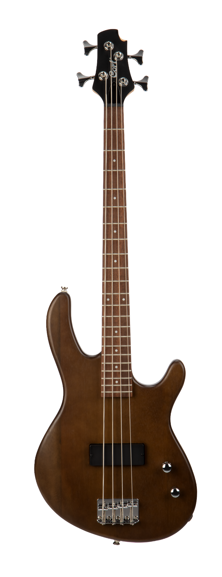 Four-string electric bass with a natural wood finish, curved double-cutaway body, two control knobs, and a single black rectangular pickup.