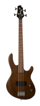 Four-string electric bass with a natural wood finish, curved double-cutaway body, two control knobs, and a single black rectangular pickup.