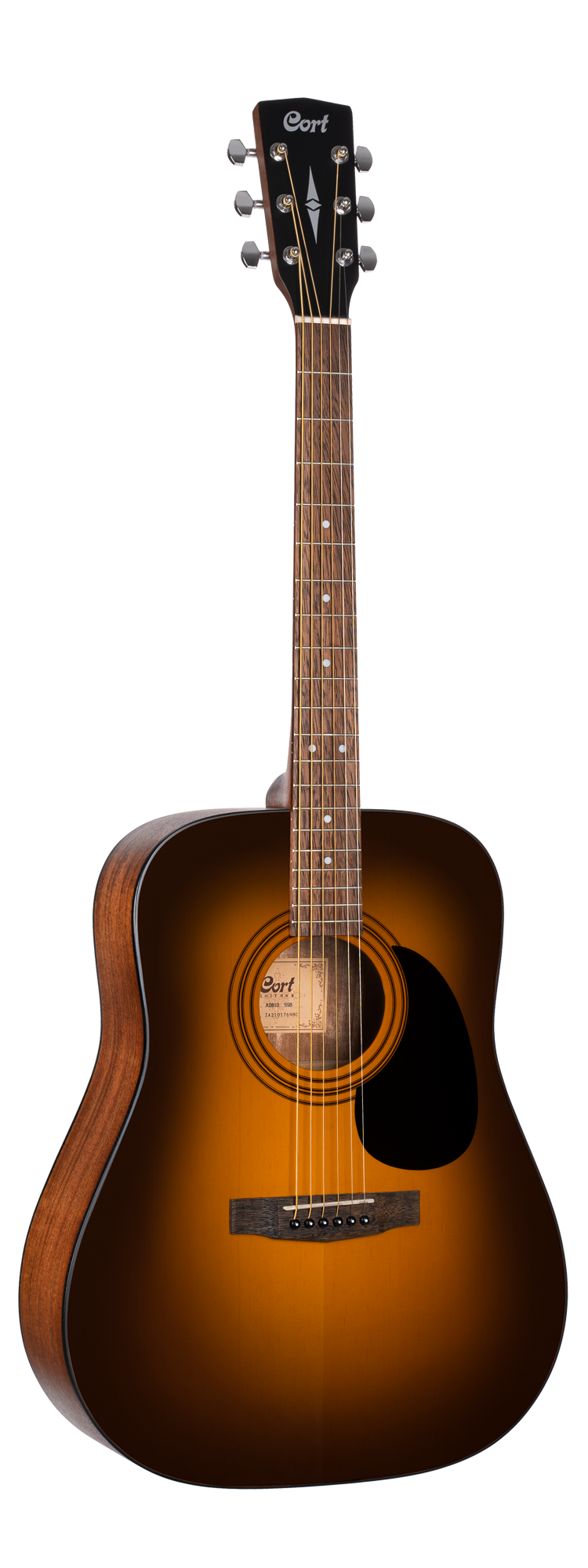 Cort acoustic guitar with a sunburst finish, dark edges, six strings, round sound hole, black pickguard, and wood grain neck with dot inlays.