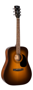 Cort acoustic guitar with a sunburst finish, dark edges, six strings, round sound hole, black pickguard, and wood grain neck with dot inlays.