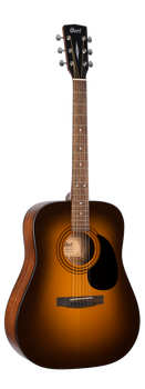 Cort acoustic guitar with a sunburst finish, dark edges, six strings, round sound hole, black pickguard, and wood grain neck with dot inlays.