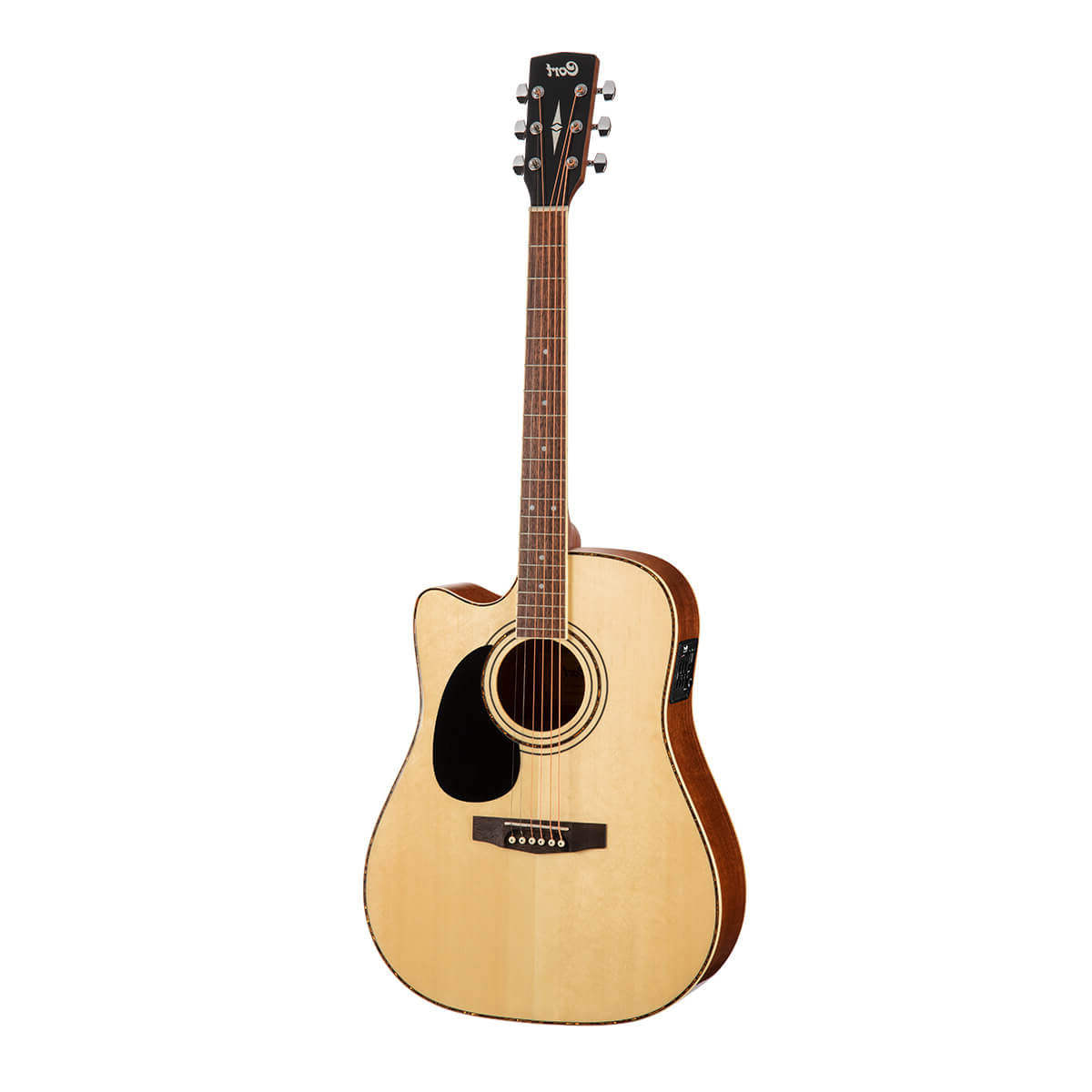 Acoustic guitar with a light wood top, dark sides and back, black pickguard, cutaway design, six strings, and electronic controls on the side.