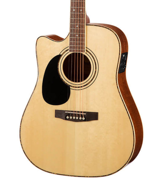 Six-string acoustic guitar with a light wood top, dark pickguard, cutaway body, and visible side control panel for onboard electronics.
