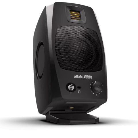 Black ADAM Audio studio monitor speaker with a front grille, control knob, headphone jack, and rectangular tweeter above the main woofer.
