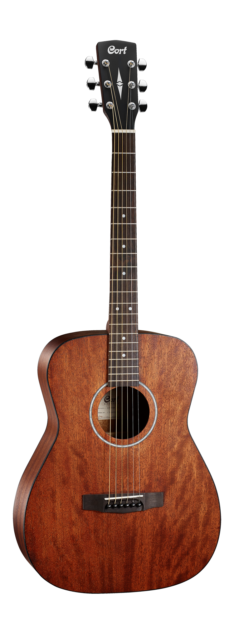 Cort brand acoustic guitar with a natural brown wood finish, six strings, and a teardrop-shaped pickguard missing for a simple, classic look.