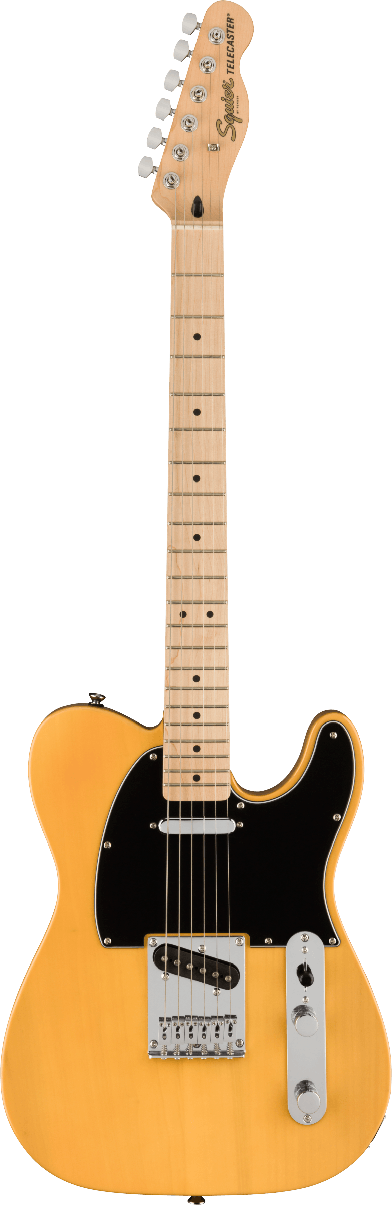 Butterscotch-yellow Squier Telecaster electric guitar with a maple neck, black pickguard, chrome bridge, and two single-coil pickups.