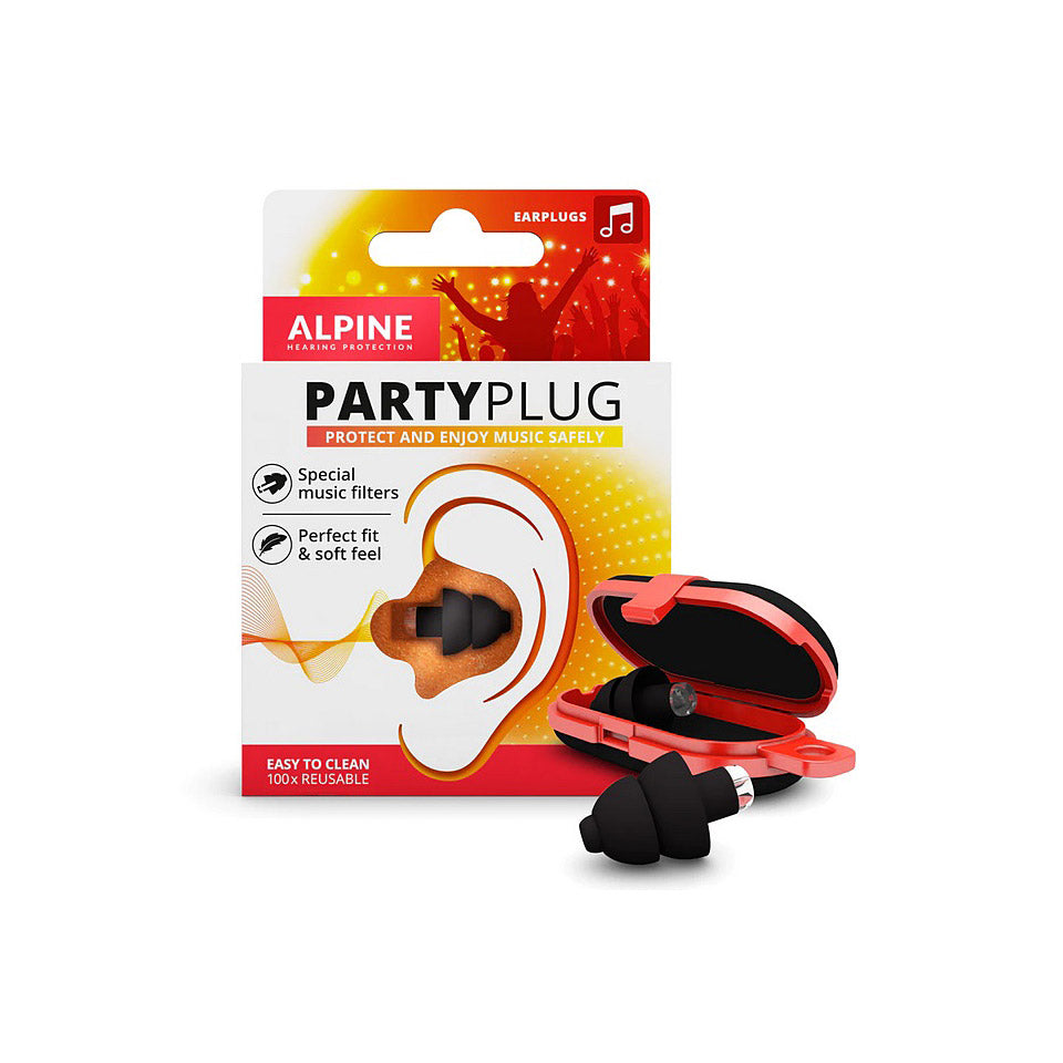 Alpine PartyPlug earplugs shown with packaging, highlighting special music filters, perfect fit, and a red storage case. Earplugs are black and reusable.