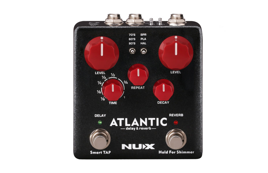 NUX Atlantic delay and reverb pedal, black with five red knobs, two footswitches, and toggle switches for selecting delay and reverb modes.