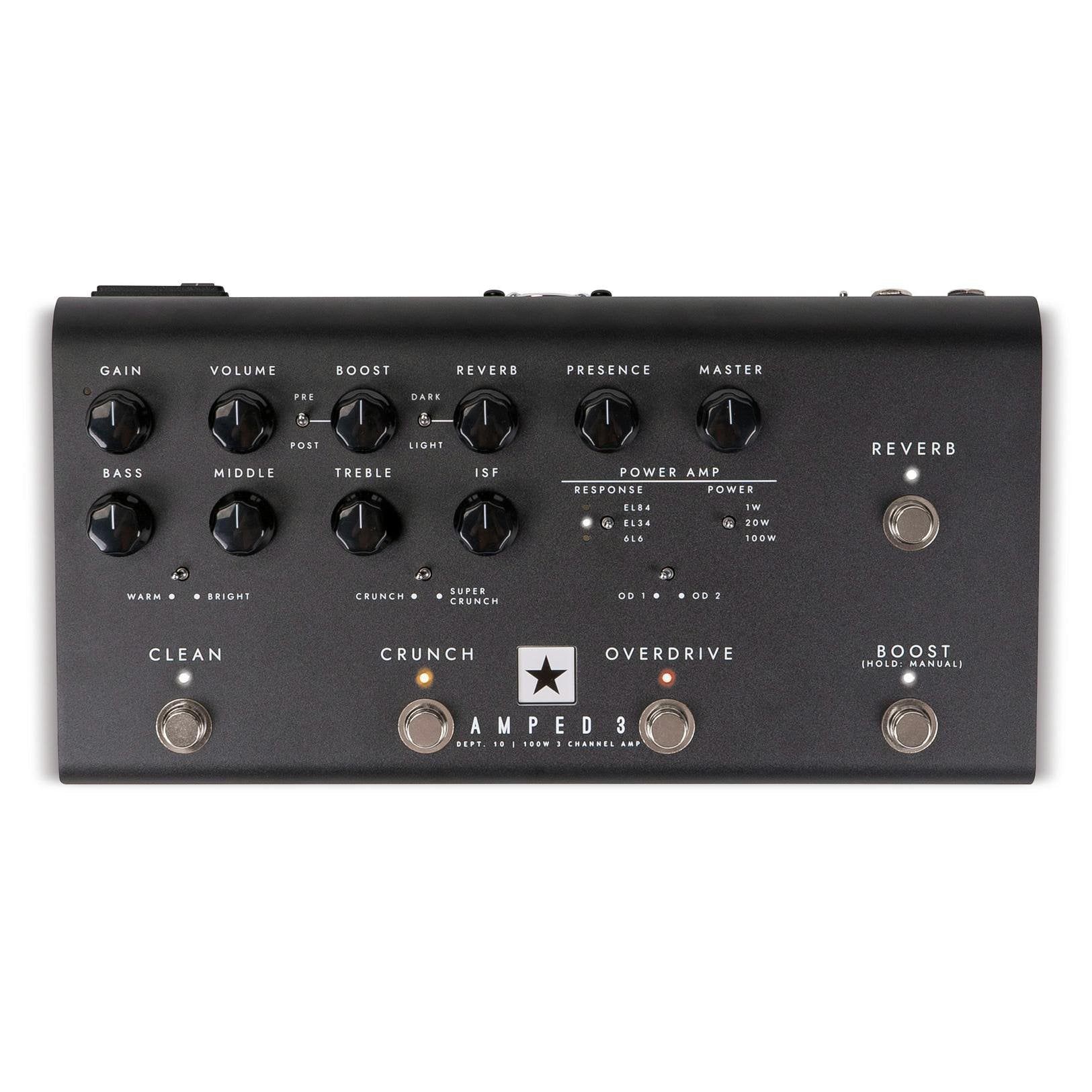 Blackstar AMPED 3 amplifier pedal with multiple knobs for gain, EQ, volume, reverb, presence, master, and footswitches labeled clean, crunch, overdrive.