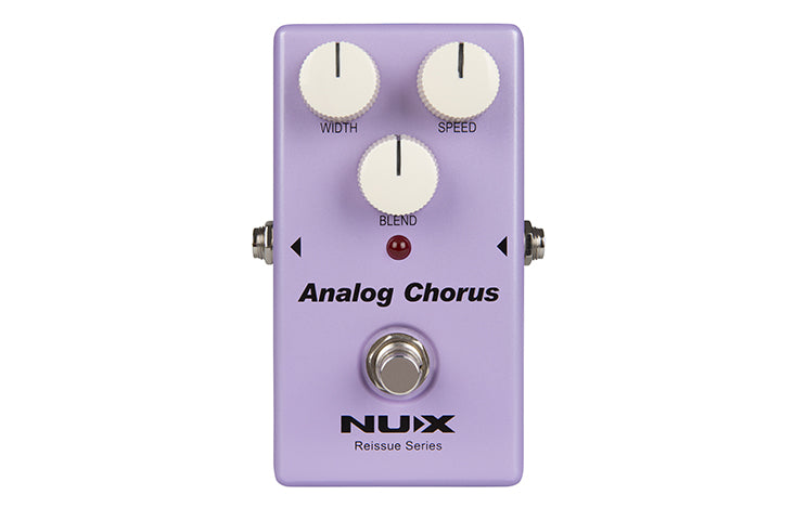 Light purple NUX Analog Chorus FX pedal with three white knobs labeled Width, Speed, and Blend, a footswitch, and a single red LED.