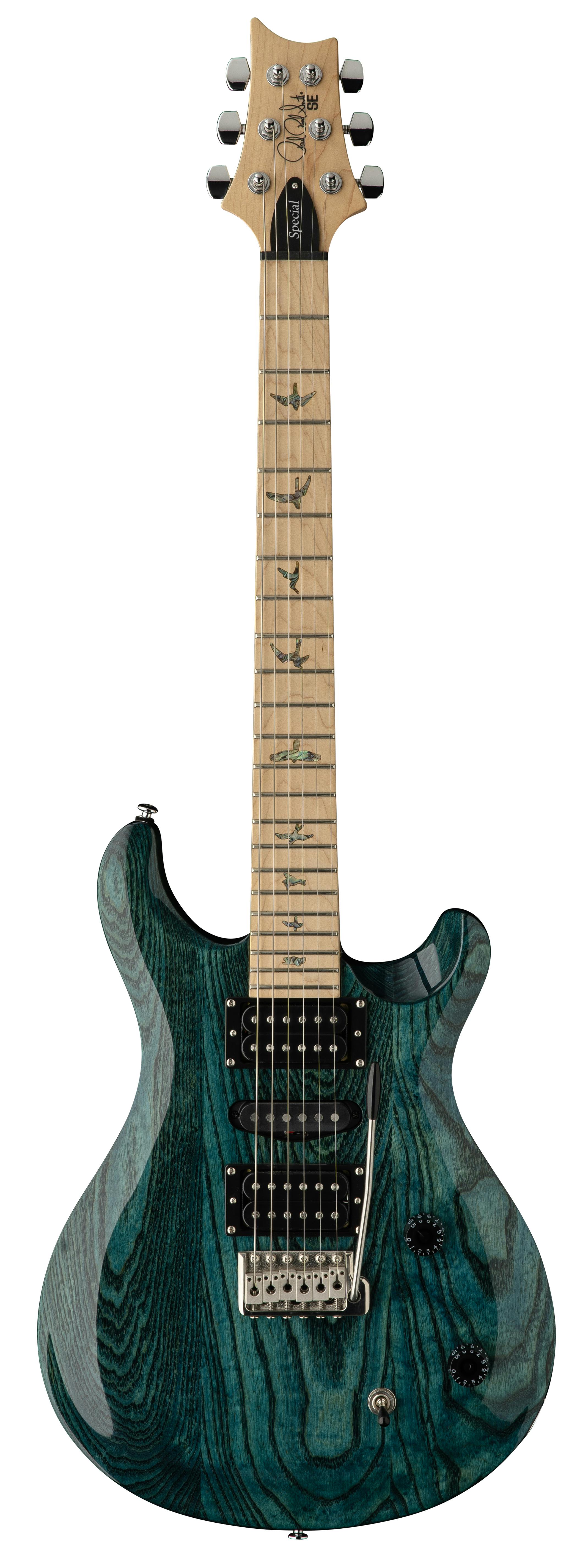 Green and black wood grain electric guitar with two humbucker pickups, bird inlays on a light maple fretboard, and chrome hardware.