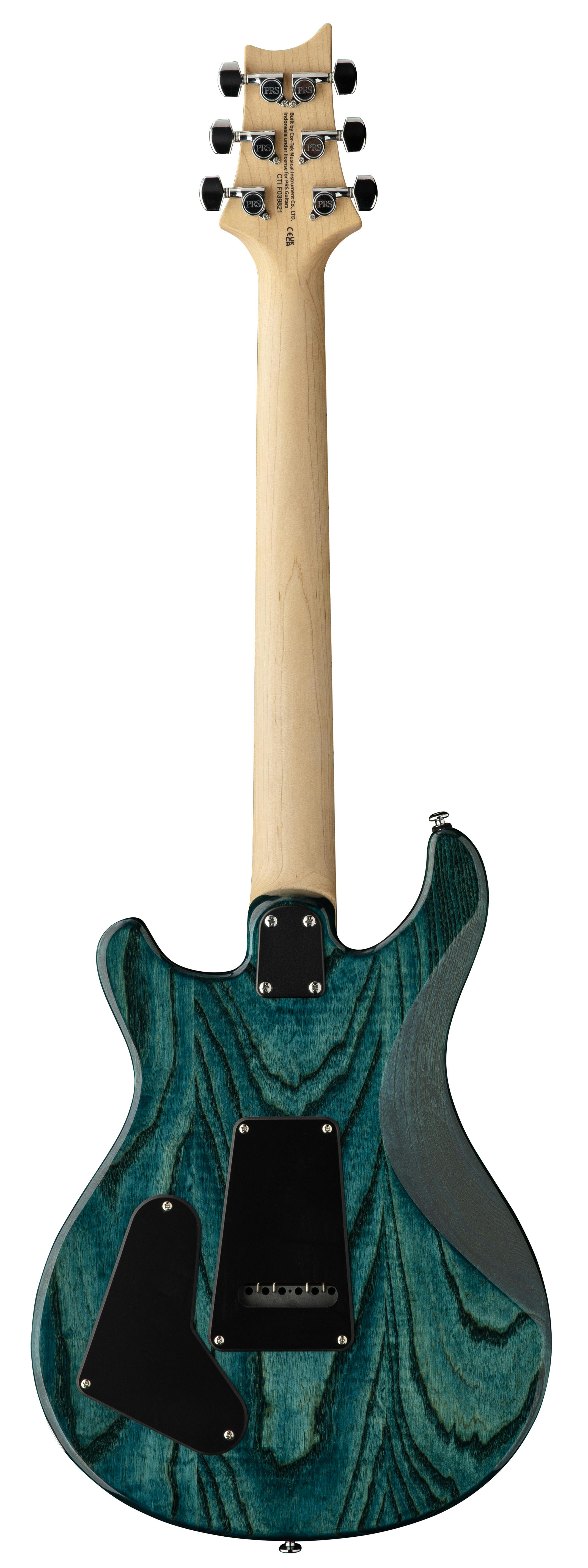 Electric guitar viewed from the back, showing a natural wood neck and a teal woodgrain body with three black plastic control cavity covers.