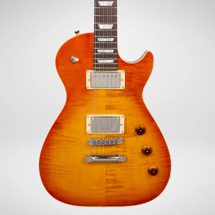 Sunburst-finish electric guitar with two humbucker pickups, three amber control knobs, and a single cutaway design.
