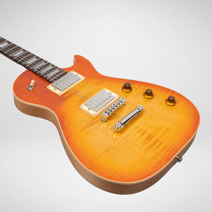 Sunburst electric guitar with a single cutaway, two humbucker pickups, three amber control knobs, and a fixed bridge.