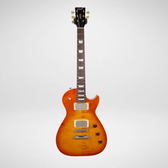 Sunburst electric guitar with a single cutaway, two humbucker pickups, three control knobs, and trapezoid inlays on a dark fingerboard.