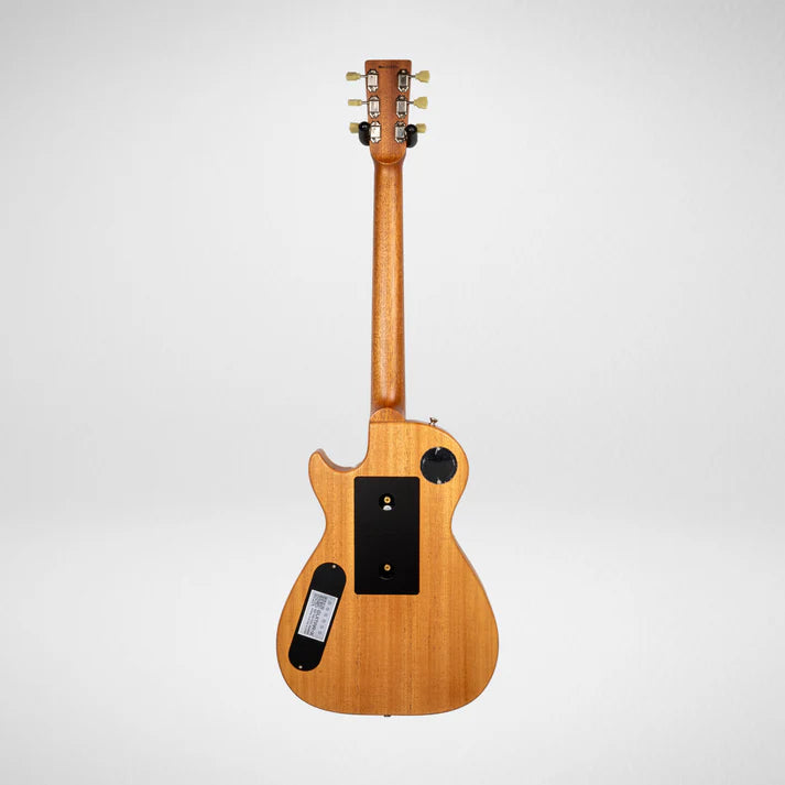 Natural wood finish electric guitar seen from the back, showing three black plastic access plates and chrome tuning pegs.