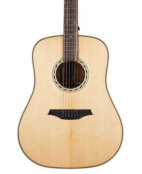 Natural wood acoustic guitar with six strings, a decorative circular rosette around the sound hole, and a black bridge below the strings.