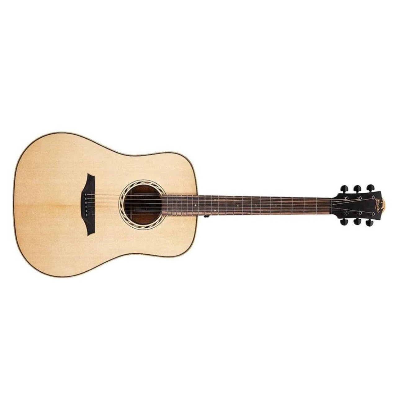 Dreadnought acoustic guitar with a natural wood finish, dark bridge and fretboard, six strings, round sound hole, and black tuning pegs.