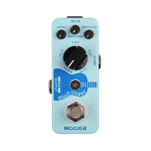 Light blue Mooer FX pedal labeled "Ensemble Water" with three knobs, a central settings dial, input/output jacks, and a silver footswitch.
