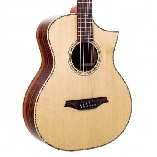 Light wood acoustic guitar with a single cutaway, dark wood sides, and abalone-style binding around the body and soundhole.