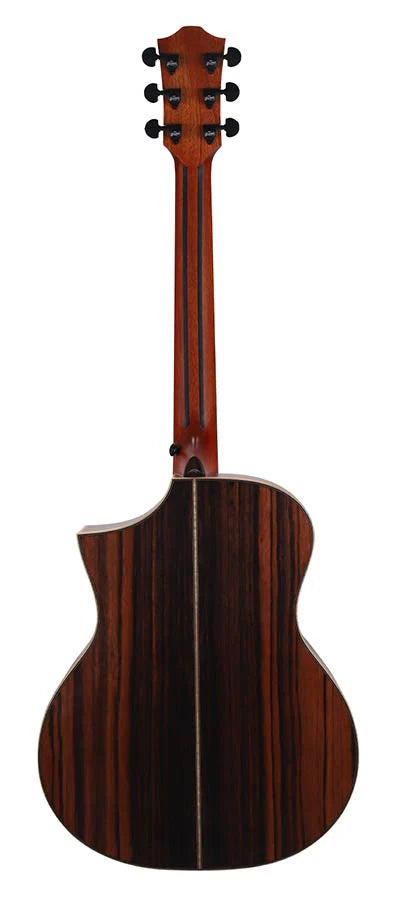 Back view of an acoustic guitar with a glossy dark wood body featuring vertical grain patterns and a cutaway, plus a mahogany neck with black tuning pegs.
