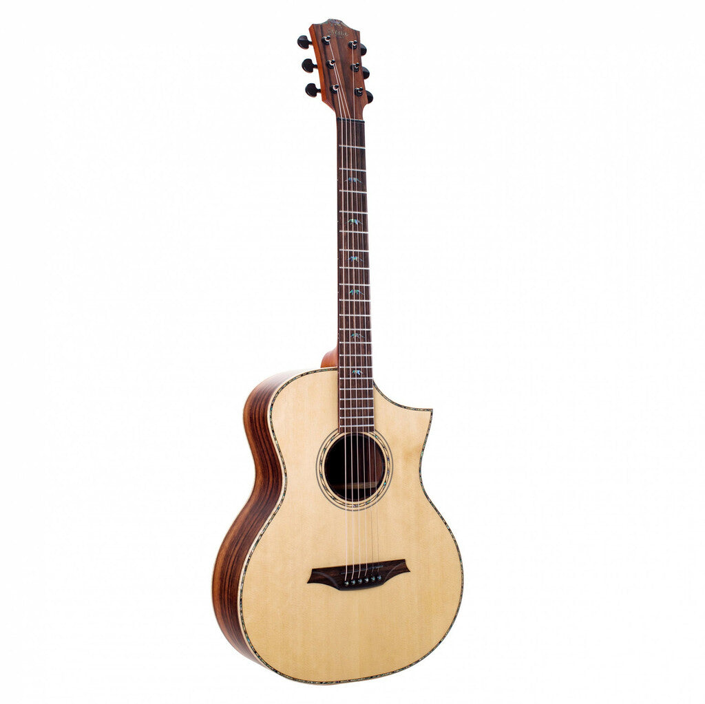 Acoustic guitar with a natural wood top, dark wood sides, a cutaway body, and six strings.