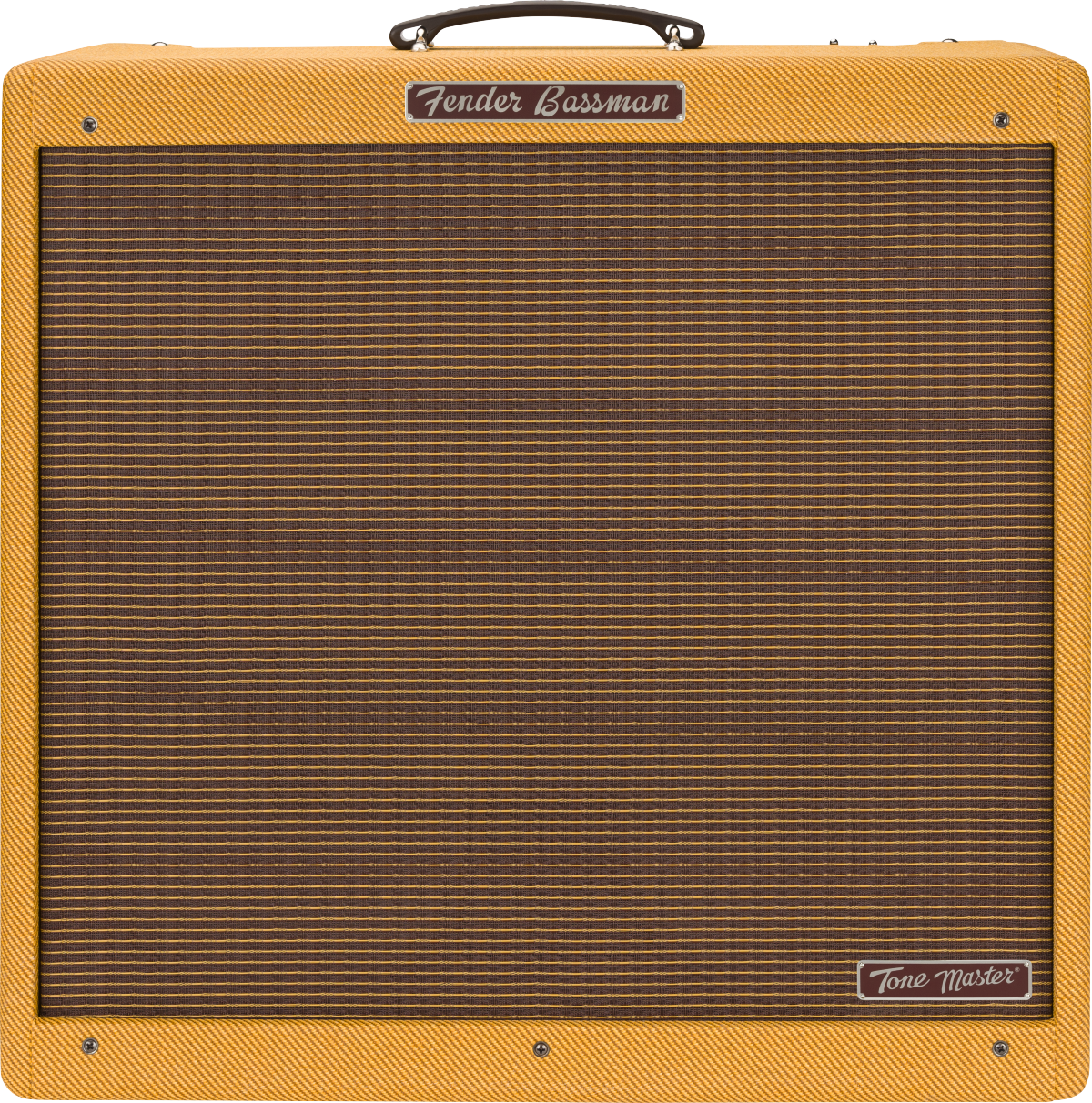 Fender Bassman Tone Master amplifier with a tan tweed covering, brown woven speaker grille, top handle, and silver corner screws.