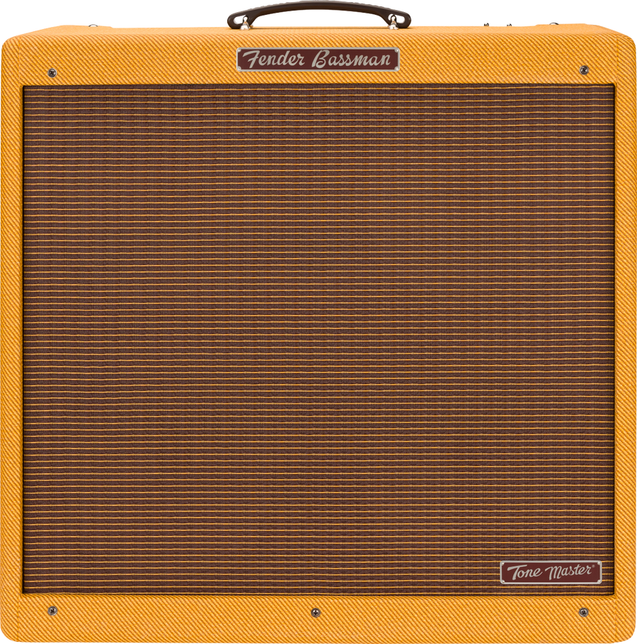 Fender Bassman Tone Master amplifier with a tan tweed covering, brown woven speaker grille, top handle, and silver corner screws.
