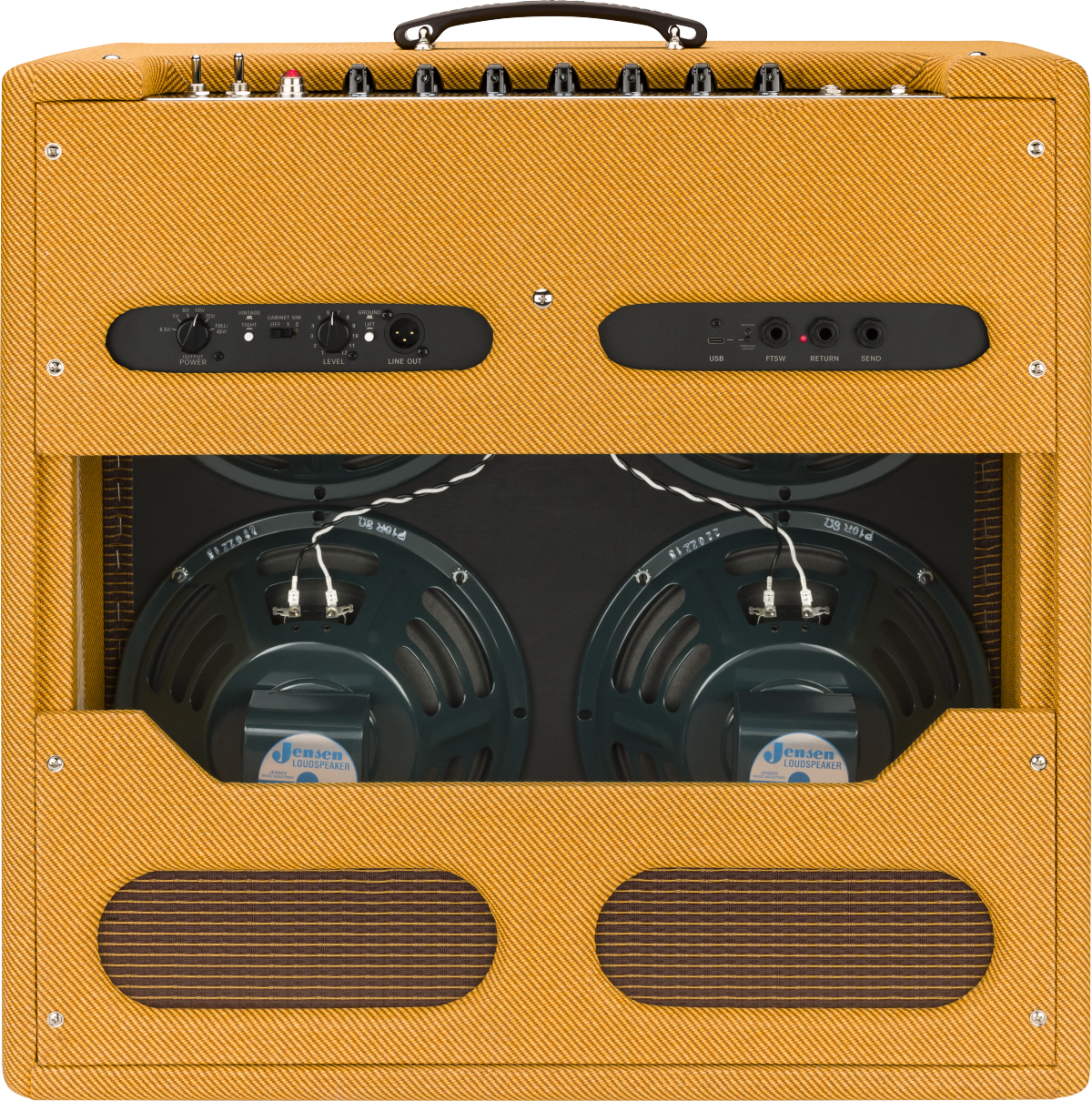 Back view of a guitar amplifier showing two large Jensen speakers, control panels with knobs and ports, and a yellow textured exterior with a handle on top.