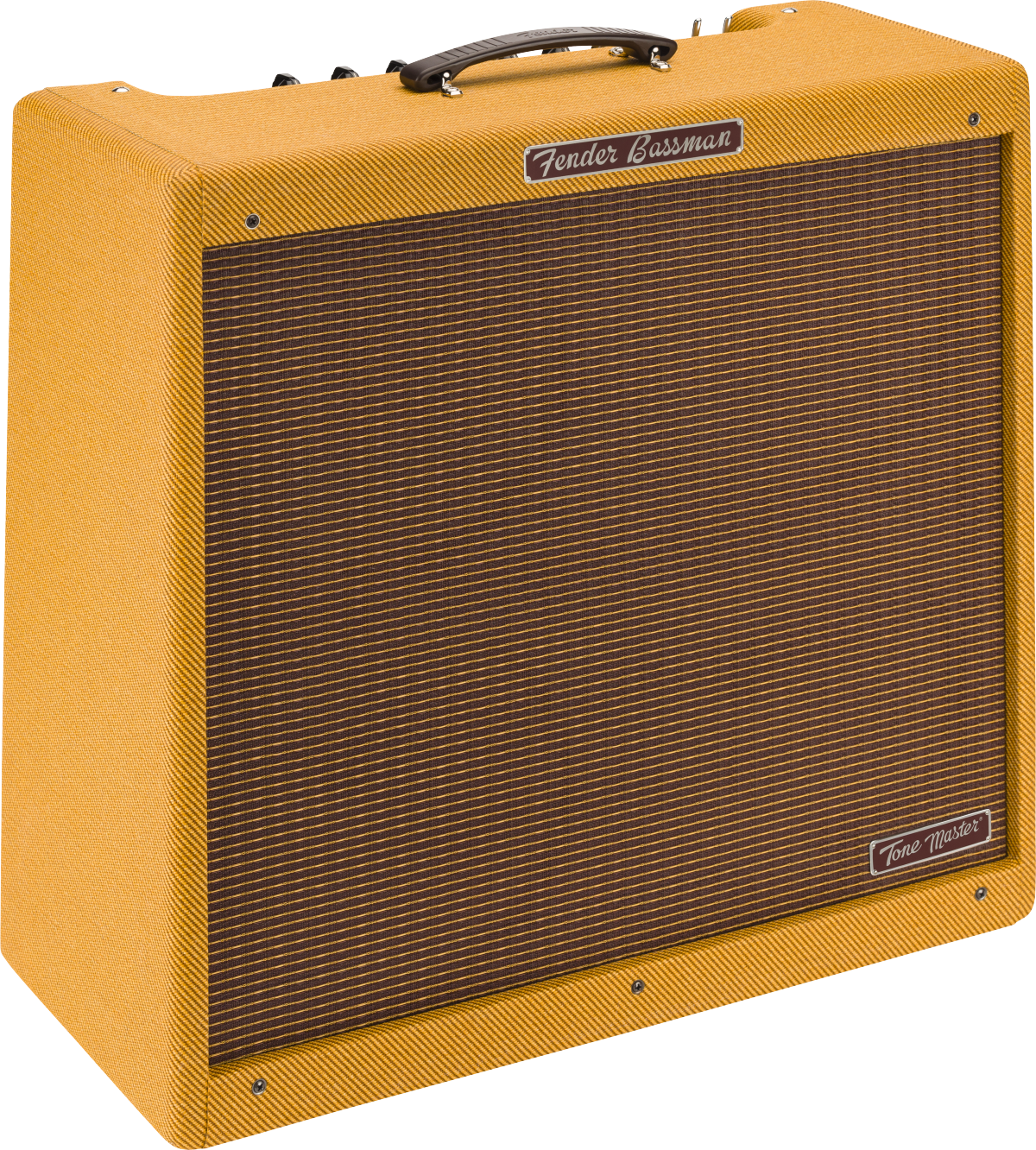 Fender Bassman amplifier with yellow textured covering, brown woven front grille, and a black handle on top.