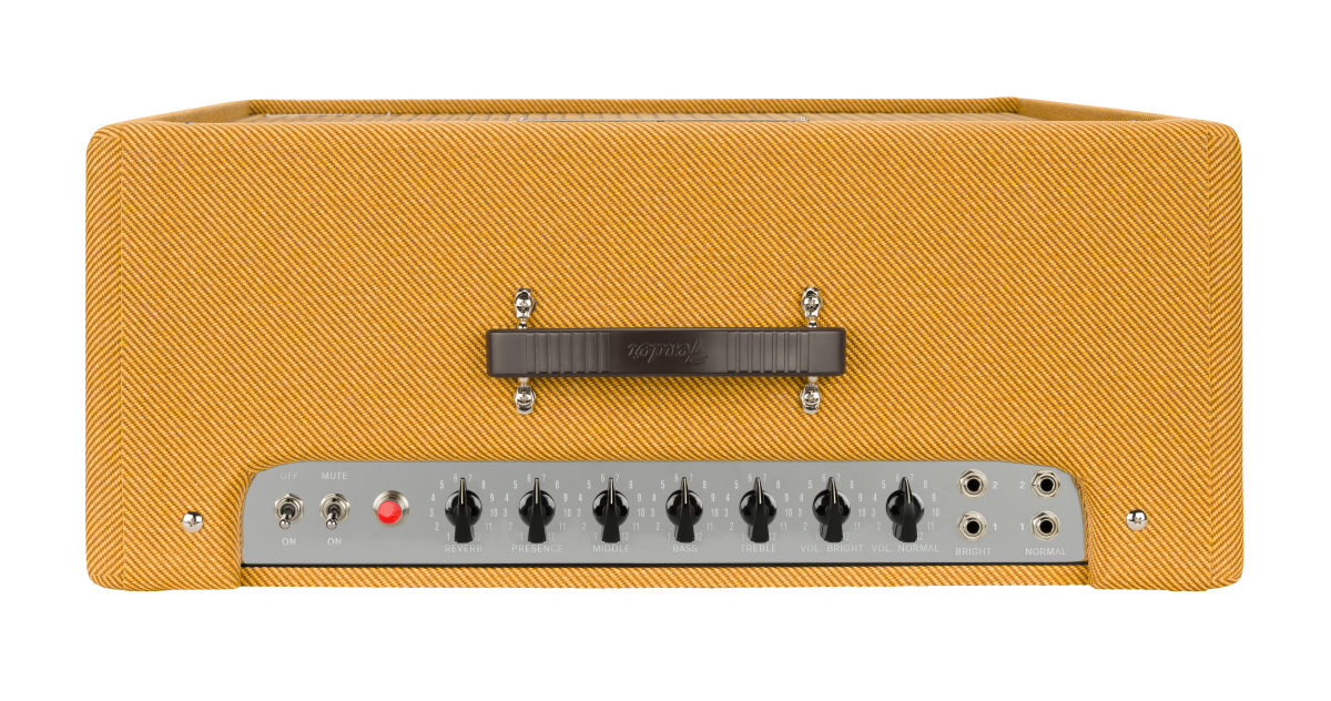 Yellow tweed guitar amplifier with a top panel featuring black control knobs, toggle switches, indicator light, and multiple 1/4-inch input jacks.