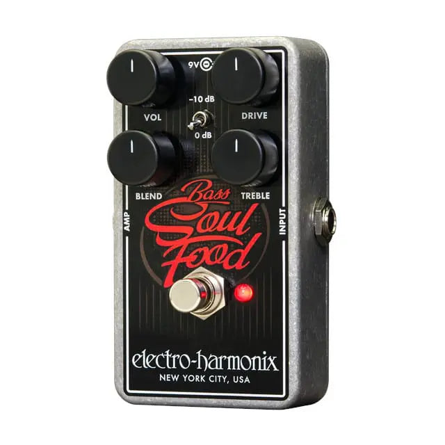 Electro-Harmonix Bass Soul Food FX pedal with four control knobs, footswitch, small LED light, and retro red lettering on a black faceplate.