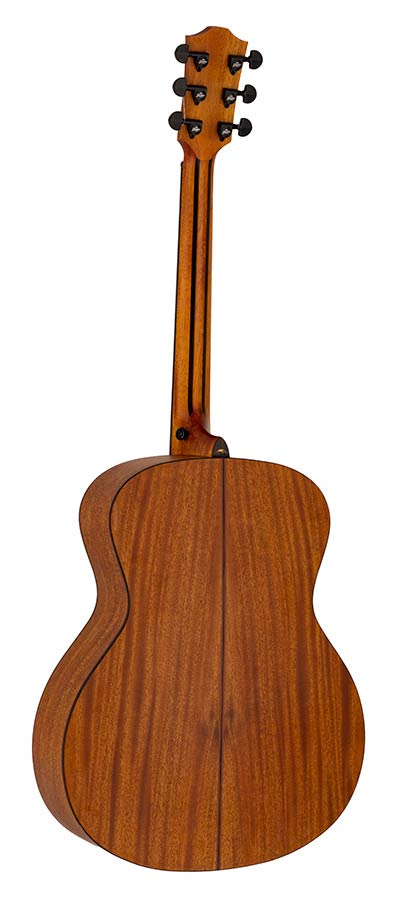 Back view of an acoustic guitar made of natural wood, showing its smooth, brown grain and six black tuning pegs on the headstock.