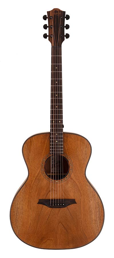 Brown acoustic guitar with a rounded body, six strings, dark wood bridge and fretboard, and simple circular soundhole rosette.