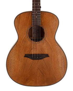 Glossy wooden acoustic guitar with a dark brown finish, six strings, round sound hole, and simple decorative ring around the hole.