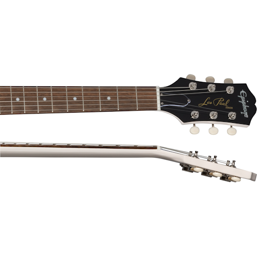 Close-up of an Epiphone Les Paul electric guitar neck and headstock, showing tuning pegs, frets, and inlay dots on a rosewood fingerboard.