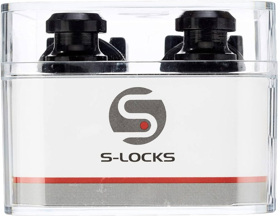 Clear box labeled S-LOCKS contains two black locking accessories, likely for securing or attaching items.